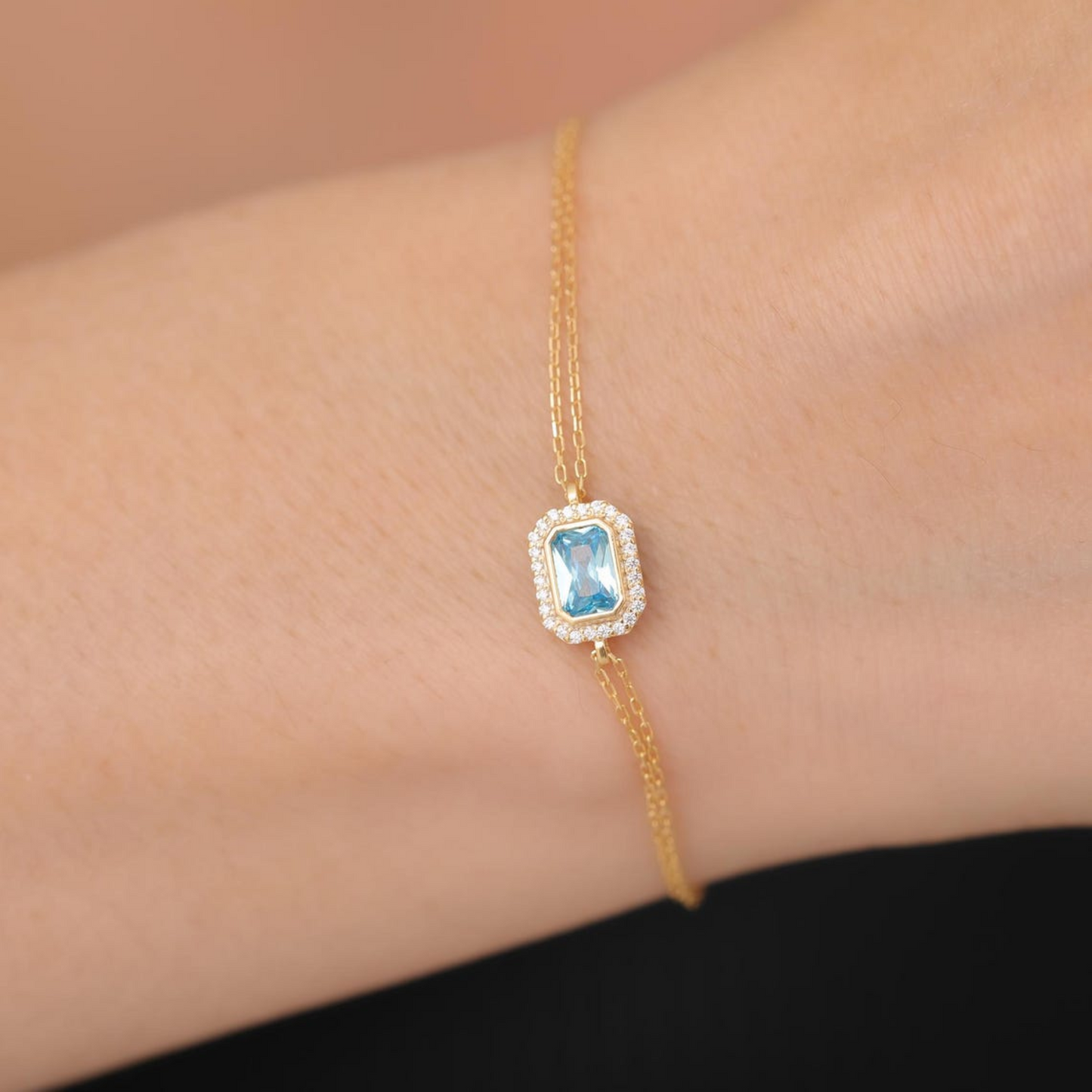 Rectangle Aquamarine Bezel Bracelet in 8K/10K/14K Solid Gold Surrounded with Real Diamonds, March Birthstone Jewelry