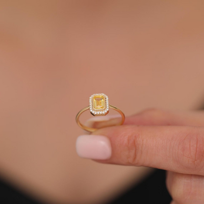 Rectangle Yellow Topaz Bezel Ring in 14K Solid Gold Surrounded with Real Diamonds, November Birthstone Jewelry