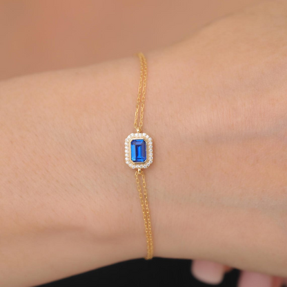 Rectangle Sapphire Bezel Bracelet in 8K/10K/14K Solid Gold Surrounded with Real Diamonds, October Birthstone Jewelry
