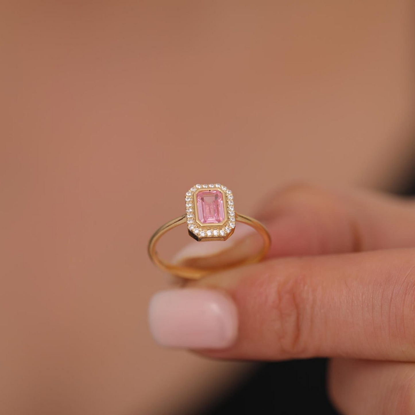 Rectangle Pink Tourmaline Bezel Ring in 14K Solid Gold Surrounded with Real Diamonds, October Birthstone Jewelry