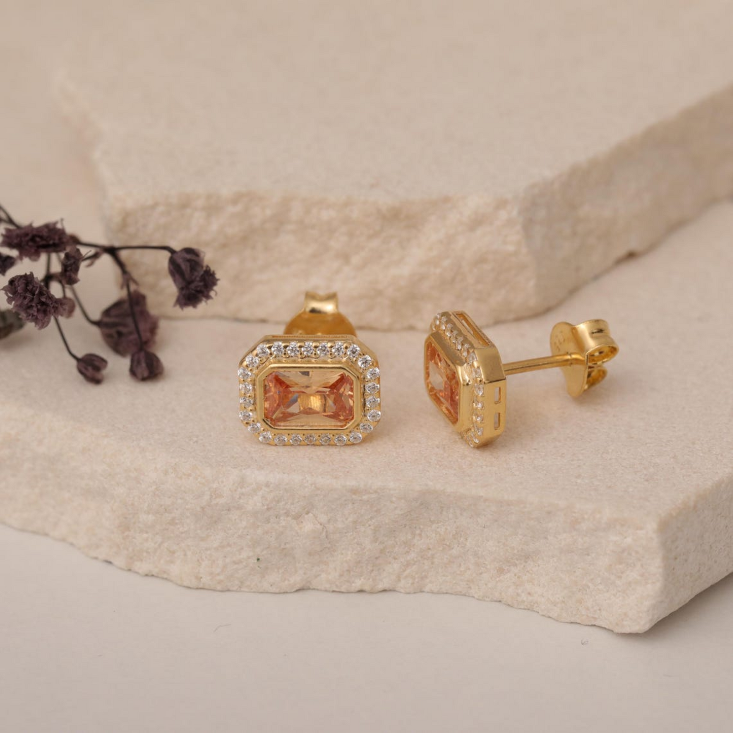 Rectangle Citrine Bezel Stud Earrings in 10K/14K Solid Gold Surrounded with Real Diamonds, November Birthstone Jewelry