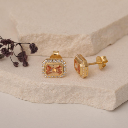 Rectangle Citrine Bezel Stud Earrings in 10K/14K Solid Gold Surrounded with Real Diamonds, November Birthstone Jewelry