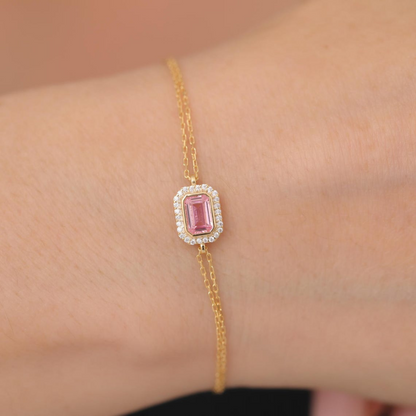 Rectangle Pink Tourmaline Bezel Bracelet in 8K/10K/14K Solid Gold Surrounded with Real Diamonds, October Birthstone Jewelry
