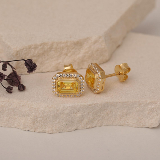 Rectangle Yellow Topaz Bezel Stud Earrings in 10K/14K Solid Gold Surrounded with Real Diamonds, Birthstone Jewelry