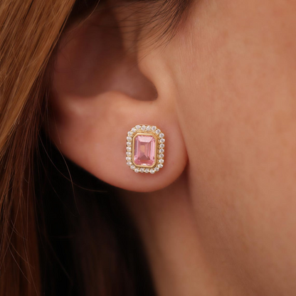 Rectangle Pink Tourmaline Bezel Stud Earrings in 10K/14K Solid Gold Surrounded with Real Diamonds, October Birthstone Jewelry