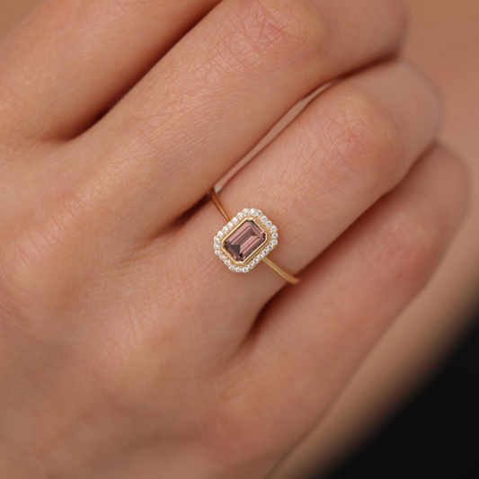 Rectangle Smoky Quartz Bezel Ring in 14K Solid Gold Surrounded with Real Diamonds, Birthstone Jewelry