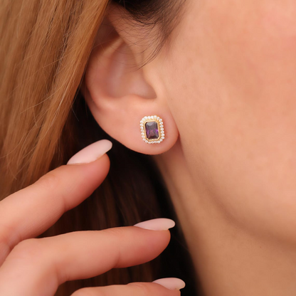 Rectangle Amethyst Bezel Stud Earrings in 10K/14K Solid Gold Surrounded with Real Diamonds, February Birthstone Jewelry