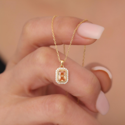 Rectangle Citrine Bezel Necklace in 8K/10K/14K Solid Gold Surrounded with Real Diamonds, November Birthstone Jewelry