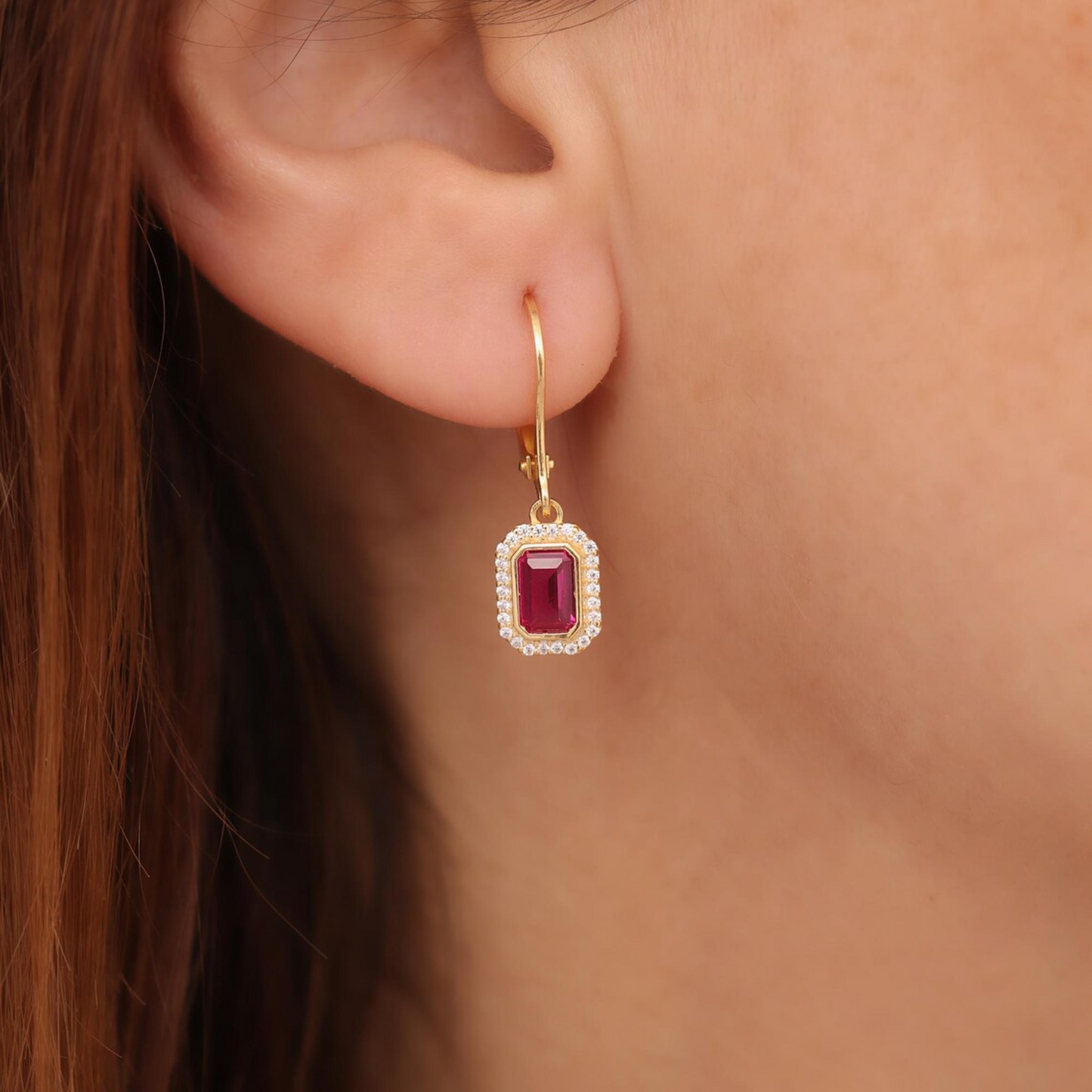 Rectangle Ruby Bezel Dangle Earrings in 8K/10K/14K Solid Gold Surrounded with Real Diamonds, July Birthstone Jewelry
