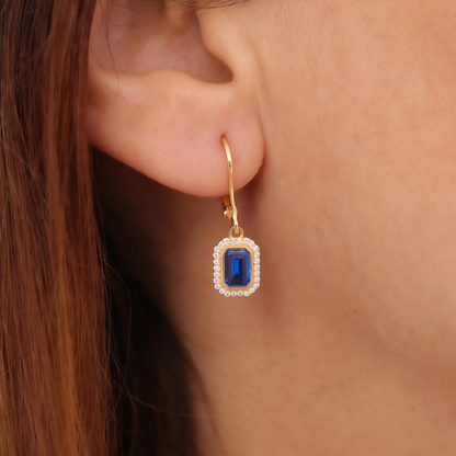 Rectangle Sapphire Bezel Dangle Earrings in 8K/10K/14K Solid Gold Surrounded with Real Diamonds, September Birthstone Jewelry