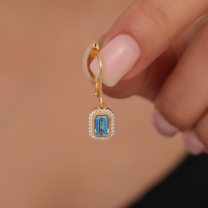 Rectangle Blue Topaz Bezel Dangle Earrings in 8K/10K/14K Solid Gold Surrounded with Real Diamonds, December Birthstone Jewelry