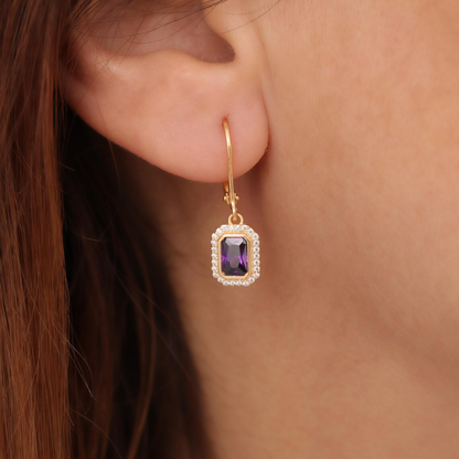 Rectangle Amethyst Bezel Dangle Earrings in 8K/10K/14K Solid Gold Surrounded with Real Diamonds, February Birthstone Jewelry