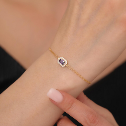 Rectangle Amethyst Bezel Bracelet in 8K/10K/14K Solid Gold Surrounded with Real Diamonds, February Birthstone Jewelry