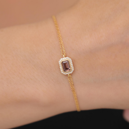 Rectangle Smoky Quartz Bezel Bracelet in 8K/10K/14K Solid Gold Surrounded with Real Diamonds, Birthstone Jewelry