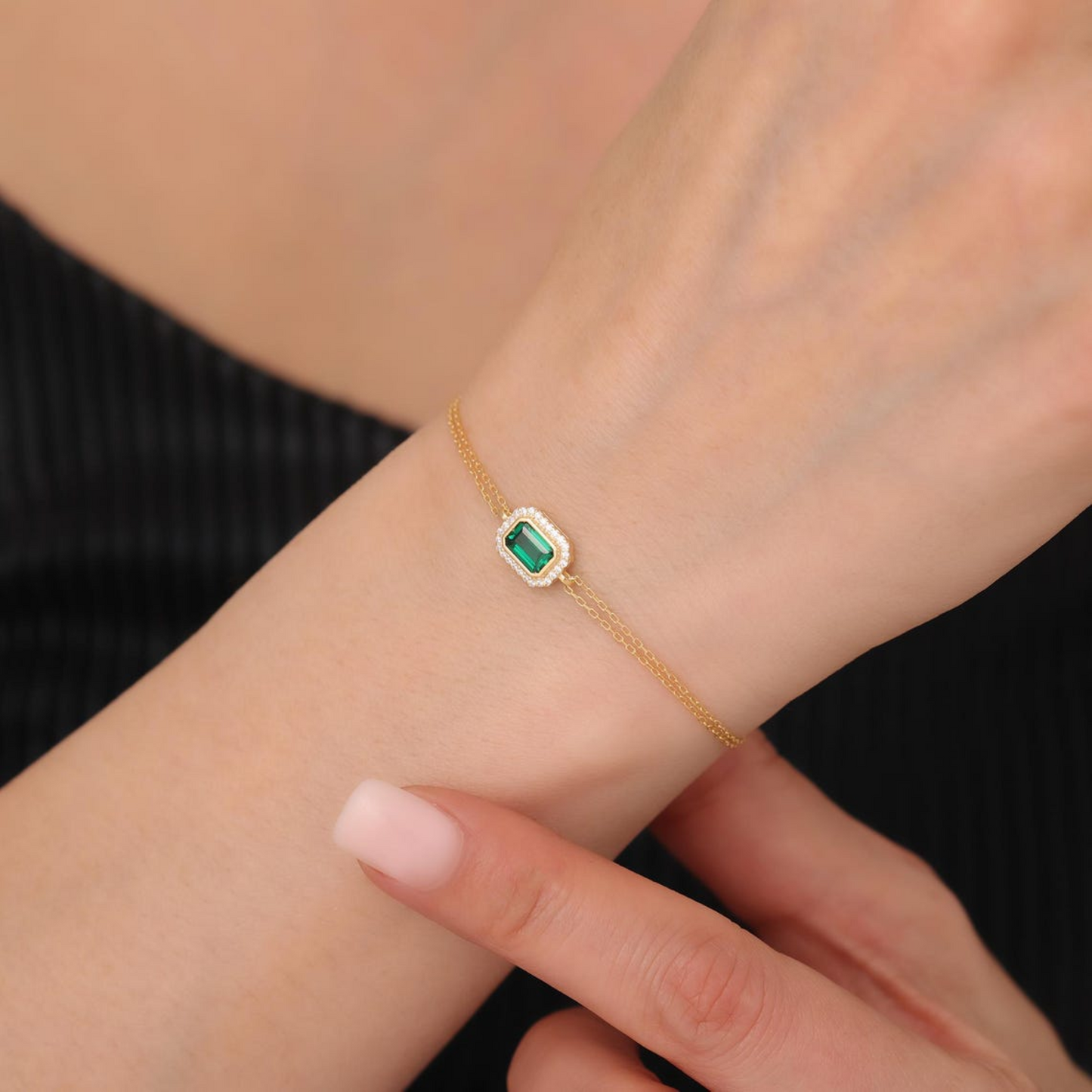 Rectangle Emerald Bezel Bracelet in 8K/10K/14K Solid Gold Surrounded with Real Diamonds, May Birthstone Jewelry