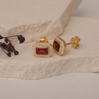 Rectangle Garnet Bezel Stud Earrings in 10K/14K Solid Gold Surrounded with Real Diamonds, January Birthstone Jewelry