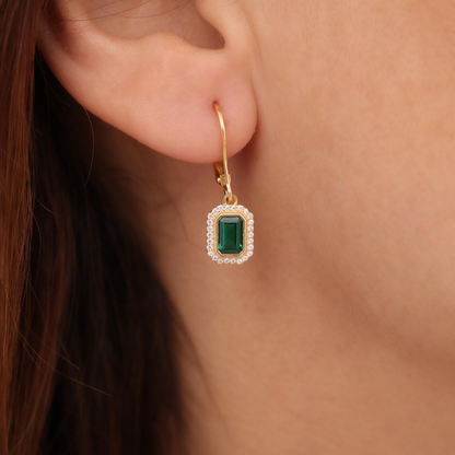 Rectangle Emerald Bezel Dangle Earrings in 8K/10K/14K Solid Gold Surrounded with Real Diamonds, May Birthstone Jewelry