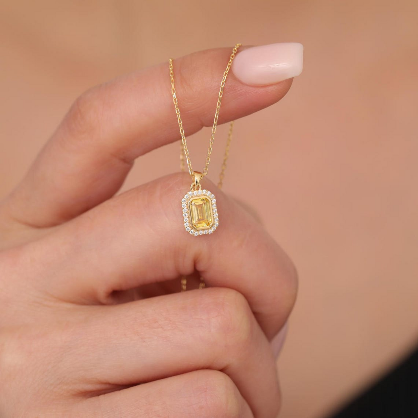 Rectangle Yellow Topaz Bezel Necklace in 8K/10K/14K Solid Gold Surrounded with Real Diamonds, Birthstone Jewelry