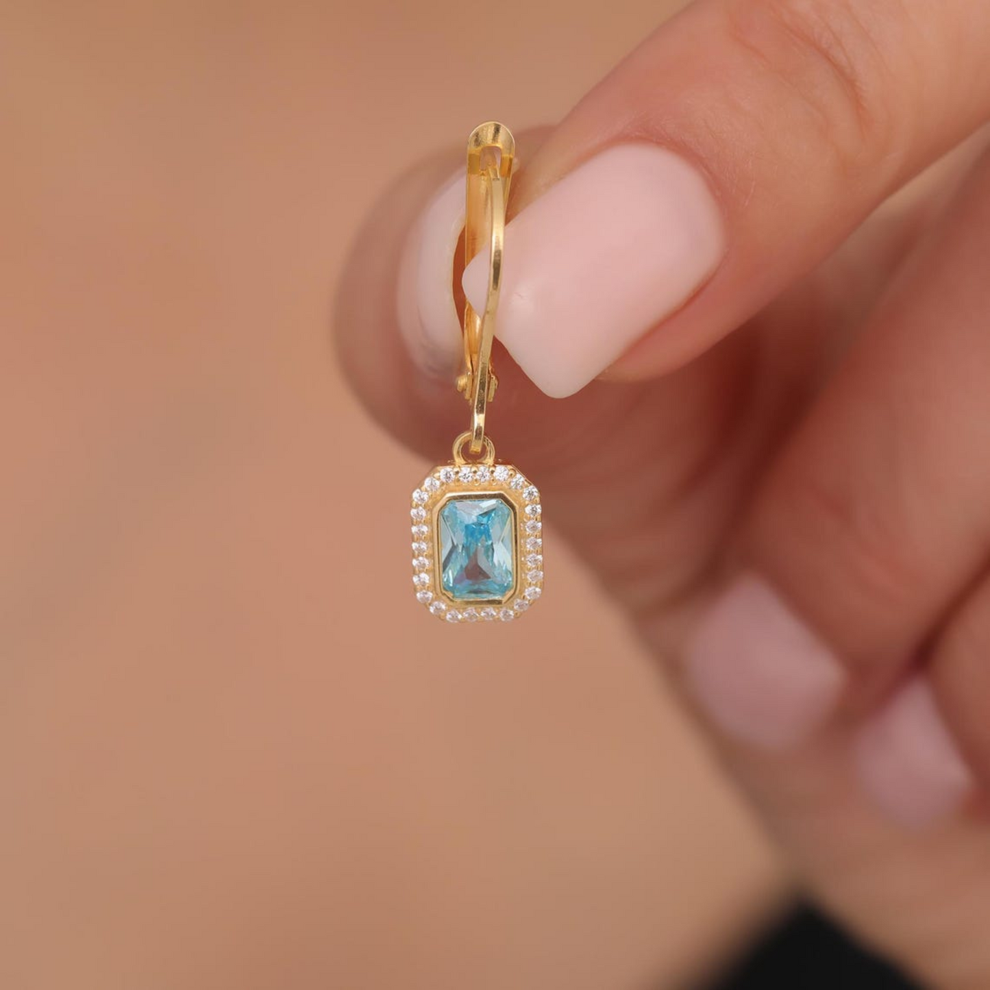 Rectangle Aquamarine Bezel Dangle Earrings in 8K/10K/14K Solid Gold Surrounded with Real Diamonds, March Birthstone Jewelry