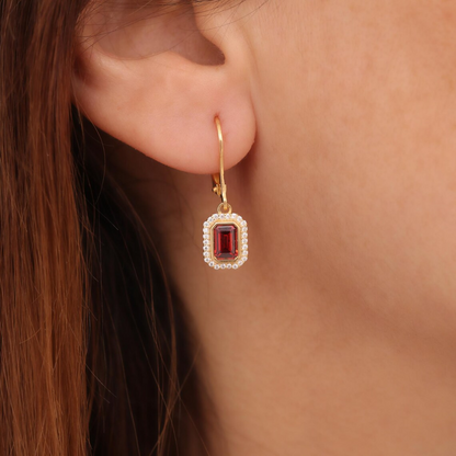 Rectangle Garnet Bezel Dangle Earrings in 8K/10K/14K Solid Gold Surrounded with Real Diamonds, January Birthstone Jewelry