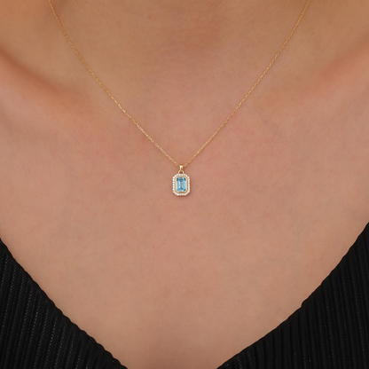 Rectangle Blue Topaz Bezel Necklace in 8K/10K/14K Solid Gold Surrounded with Real Diamonds, December Birthstone Jewelry
