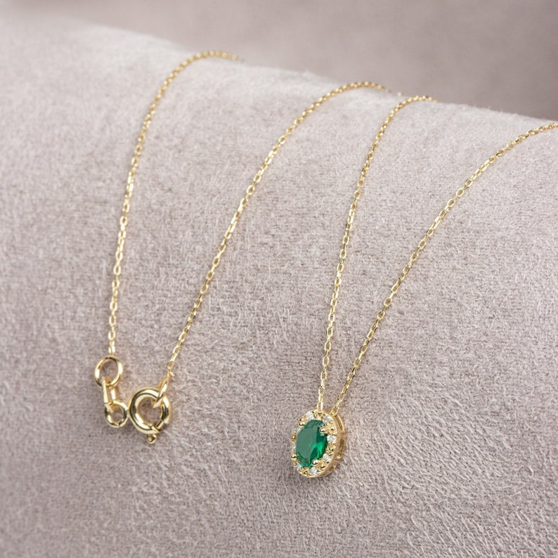 Oval Cut Emerald Necklace with Real Diamonds in 8K/10K/14K Solid Gold, May Birthstone Pendant