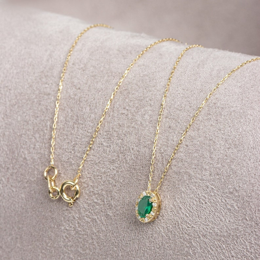 Oval Cut Emerald Necklace with Real Diamonds in 8K/10K/14K Solid Gold, May Birthstone Pendant