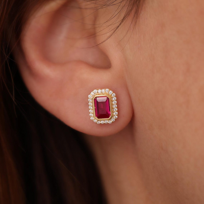 Rectangle Ruby Bezel Stud Earrings in 10K/14K Solid Gold Surrounded with Real Diamonds, July  Birthstone Jewelry