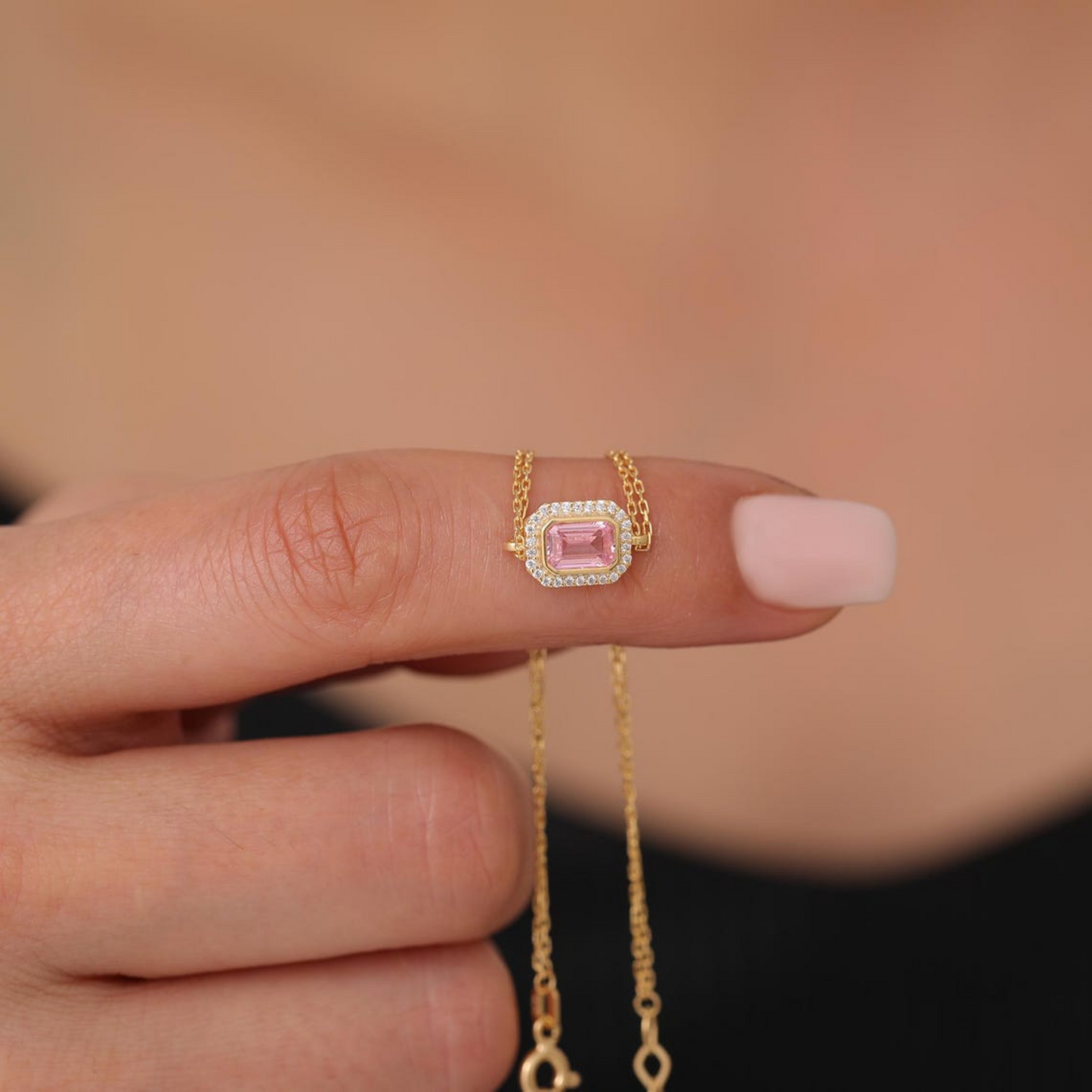 Rectangle Pink Tourmaline Bezel Bracelet in 8K/10K/14K Solid Gold Surrounded with Real Diamonds, October Birthstone Jewelry