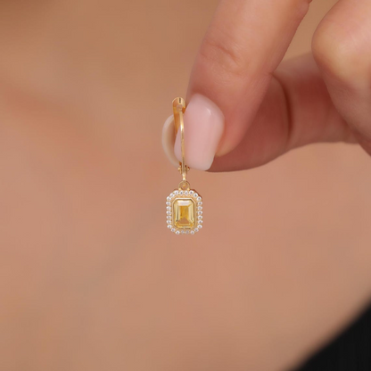 Rectangle Yellow Topaz Bezel Dangle Earrings in 8K/10K/14K Solid Gold Surrounded with Real Diamonds, Birthstone Jewelry