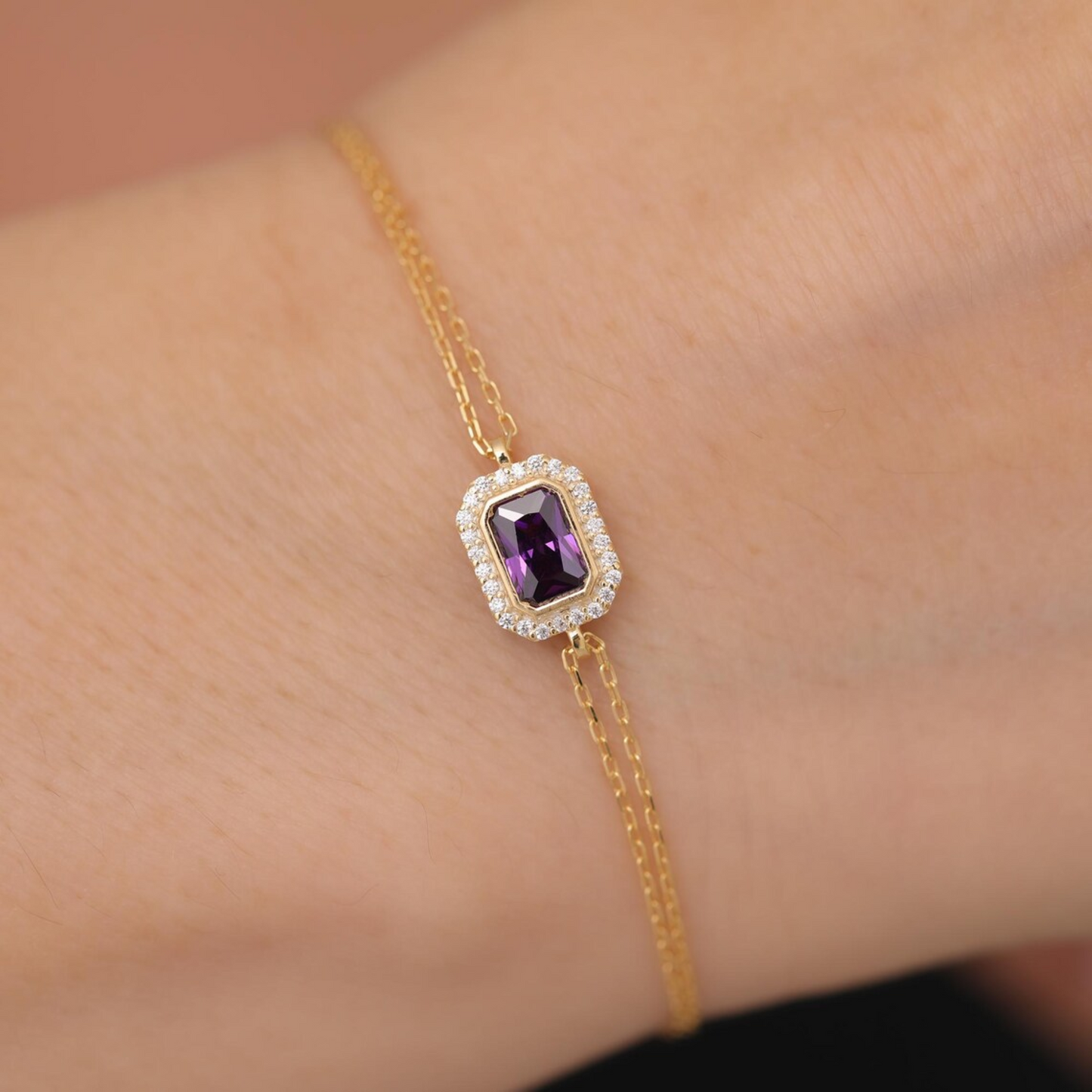 Rectangle Amethyst Bezel Bracelet in 8K/10K/14K Solid Gold Surrounded with Real Diamonds, February Birthstone Jewelry