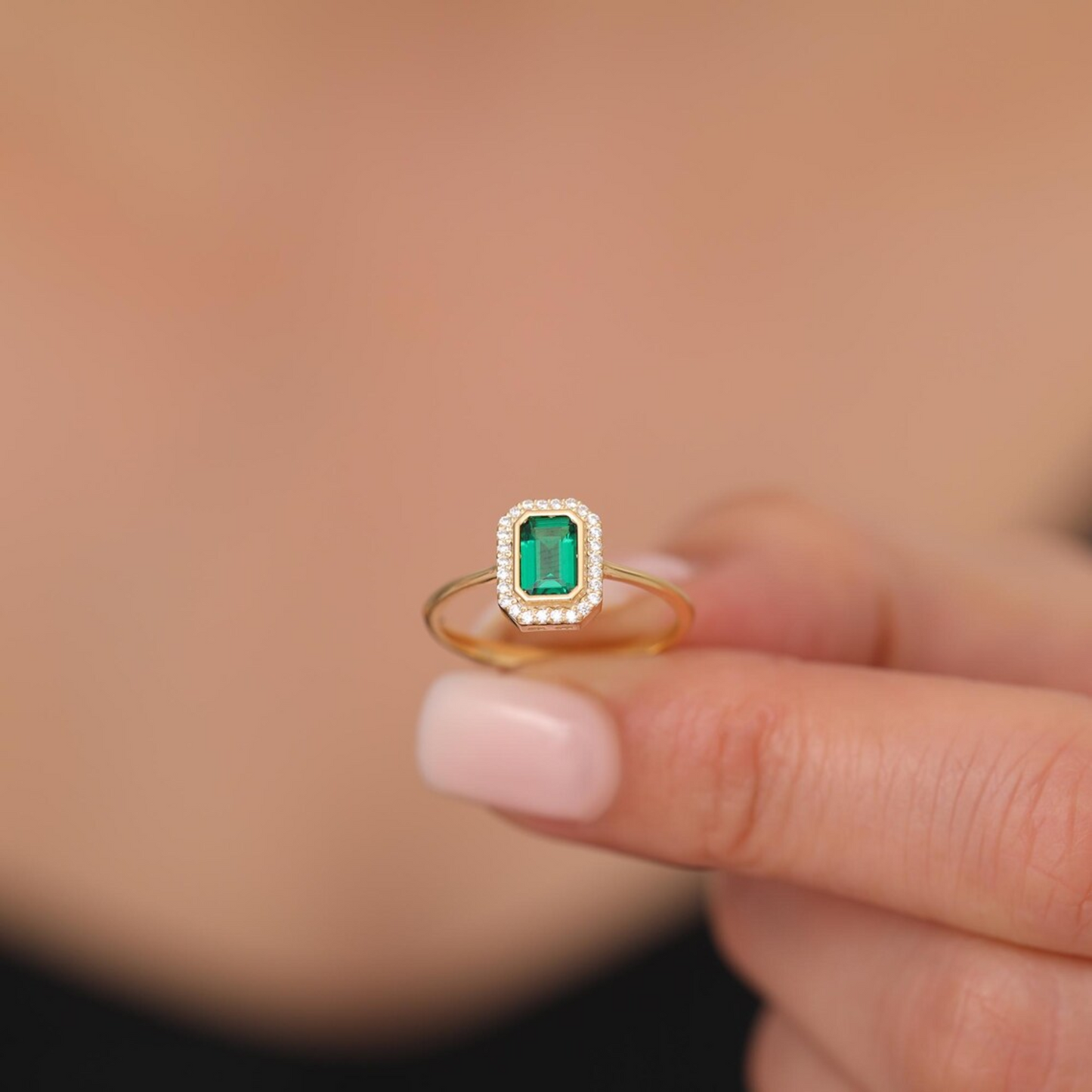 Rectangle Emerald Bezel Ring in 14K Solid Gold Surrounded with Real Diamonds, May Birthstone Jewelry