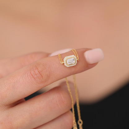 Rectangle White Topaz Bezel Bracelet in 8K/10K/14K Solid Gold Surrounded with Real Diamonds, April Birthstone Jewelry