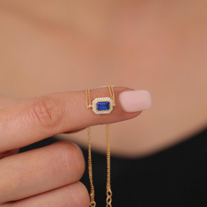 Rectangle Sapphire Bezel Bracelet in 8K/10K/14K Solid Gold Surrounded with Real Diamonds, October Birthstone Jewelry