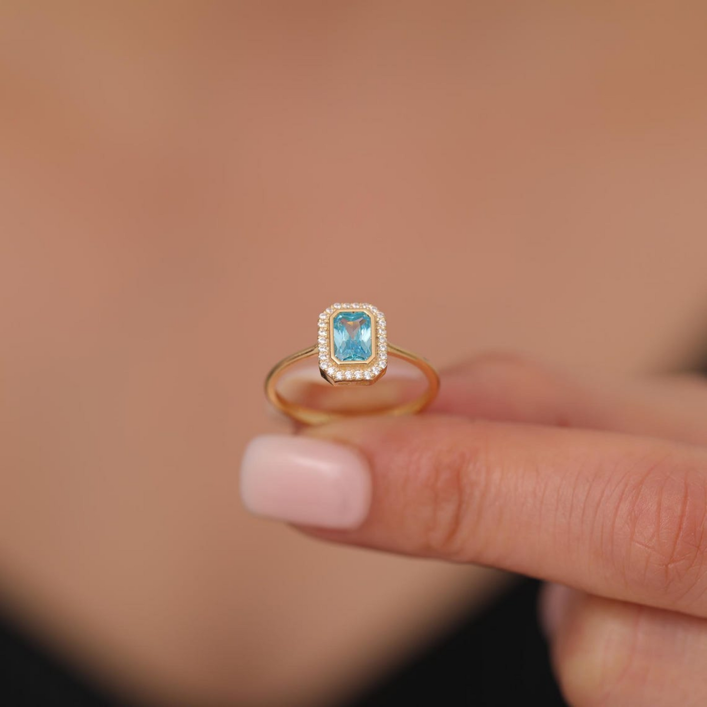 Rectangle Aquamarine Bezel Ring in 14K Solid Gold Surrounded with Real Diamonds, March Birthstone Jewelry