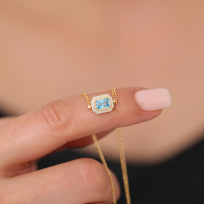 Rectangle Aquamarine Bezel Bracelet in 8K/10K/14K Solid Gold Surrounded with Real Diamonds, March Birthstone Jewelry