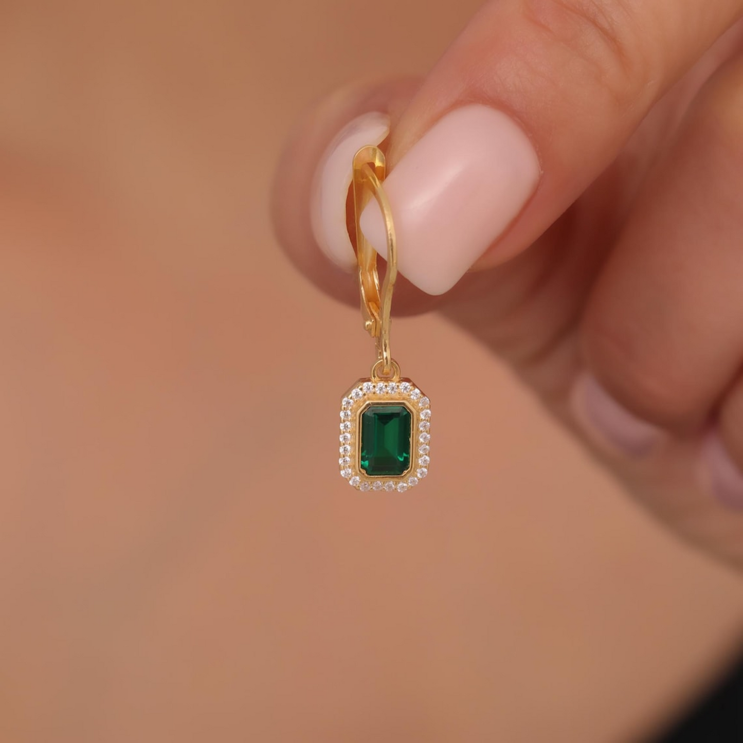 Rectangle Emerald Bezel Dangle Earrings in 8K/10K/14K Solid Gold Surrounded with Real Diamonds, May Birthstone Jewelry