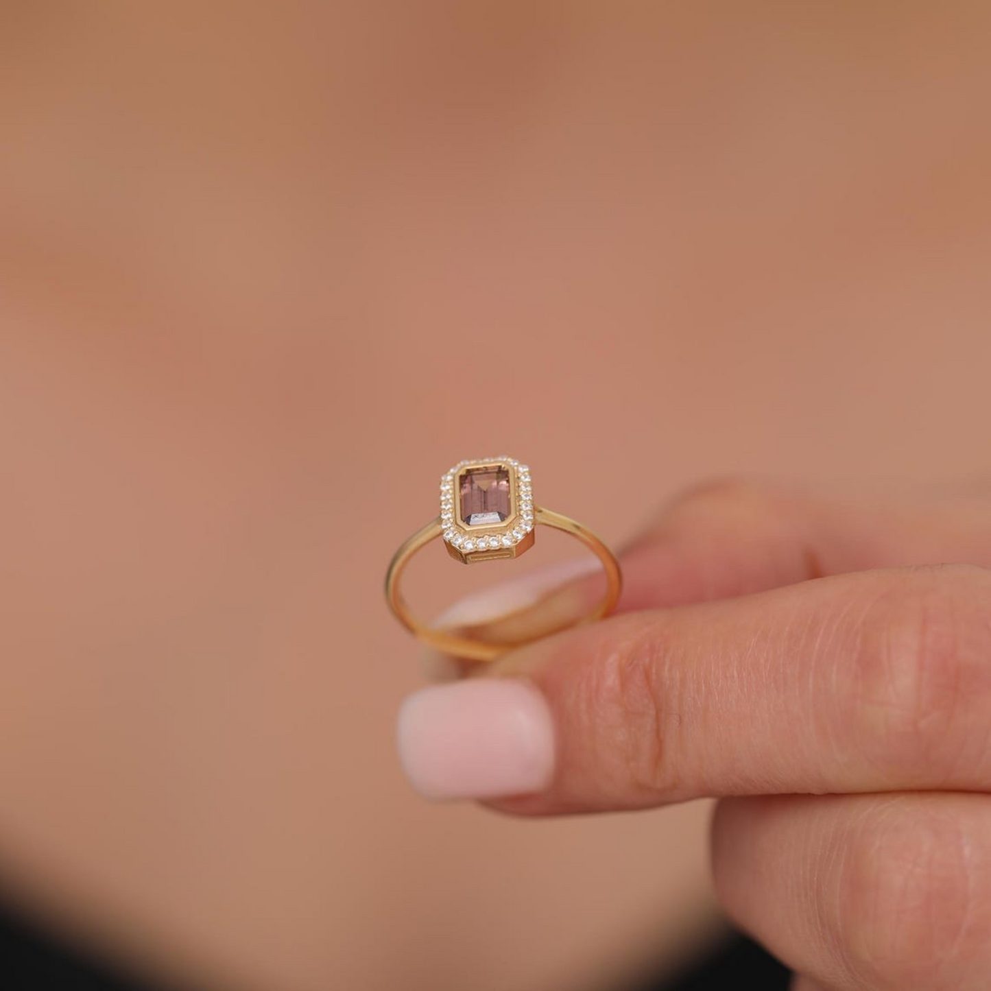 Rectangle Smoky Quartz Bezel Ring in 14K Solid Gold Surrounded with Real Diamonds, Birthstone Jewelry