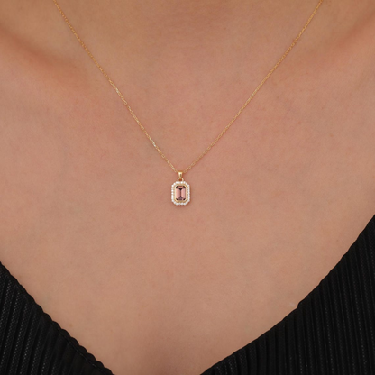 Rectangle Smoky Quartz Bezel Necklace in 8K/10K/14K Solid Gold Surrounded with Real Diamonds, Birthstone Jewelry