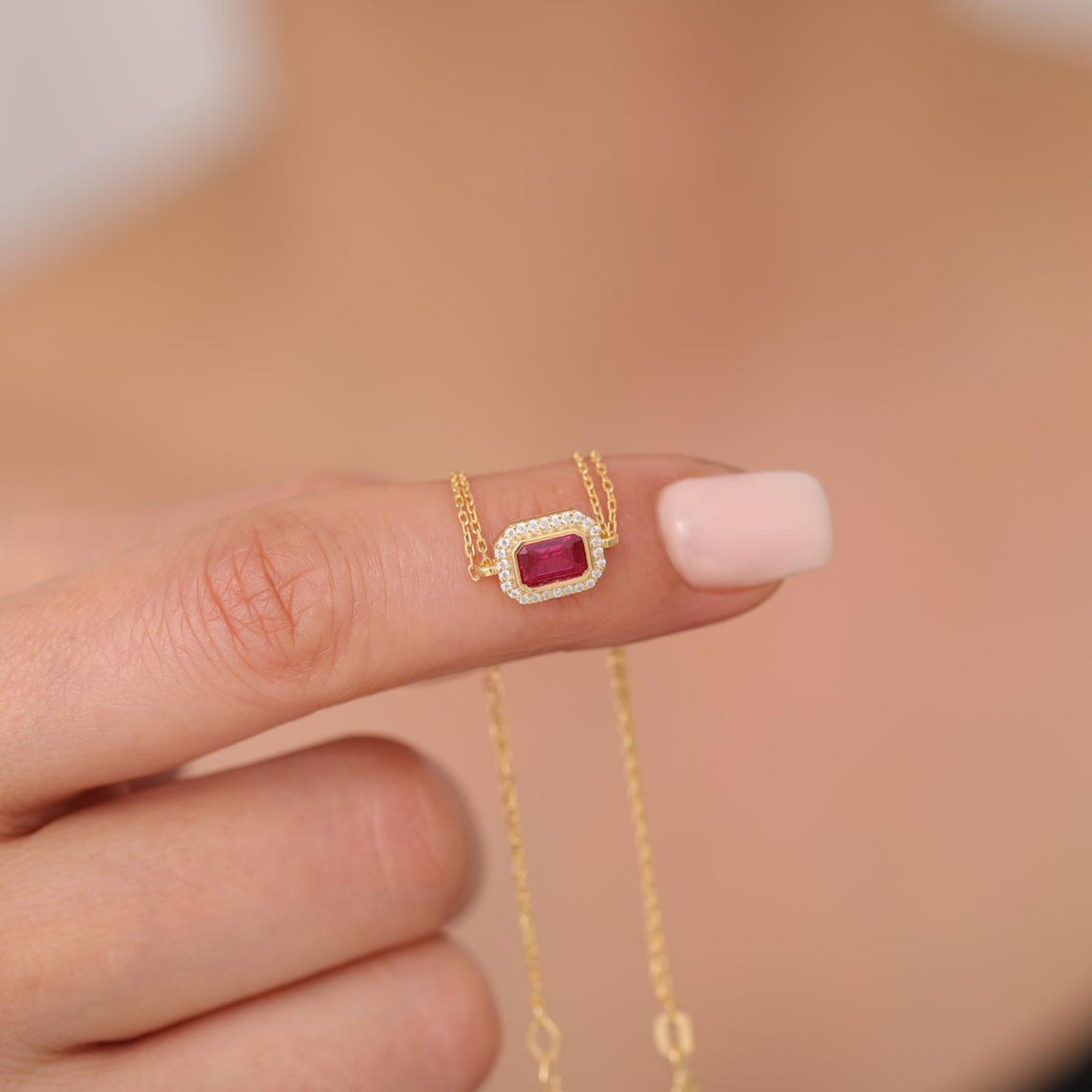 Rectangle Ruby Bezel Bracelet in 8K/10K/14K Solid Gold Surrounded with Real Diamonds, July Birthstone Jewelry