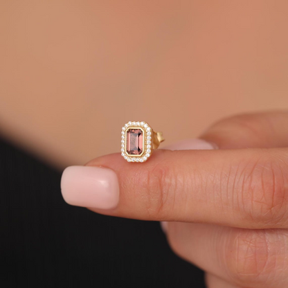 Rectangle Smoky Quartz Bezel Stud Earrings in 10K/14K Solid Gold Surrounded with Real Diamonds, Birthstone Jewelry