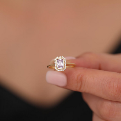Rectangle Alexandrite Bezel Ring in 14K Solid Gold Surrounded with Real Diamonds, June Birthstone Jewelry