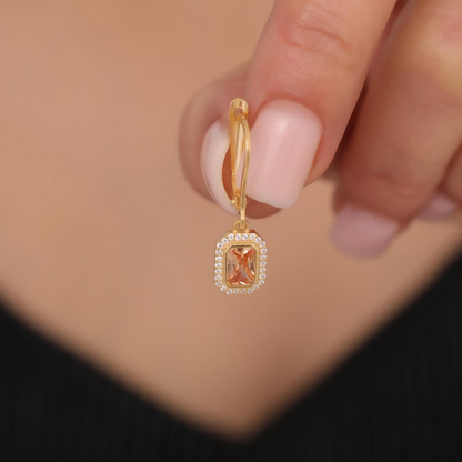 Rectangle Citrine Bezel Dangle Earrings in 8K/10K/14K  Solid Gold Surrounded with Real Diamonds, November Birthstone Jewelry