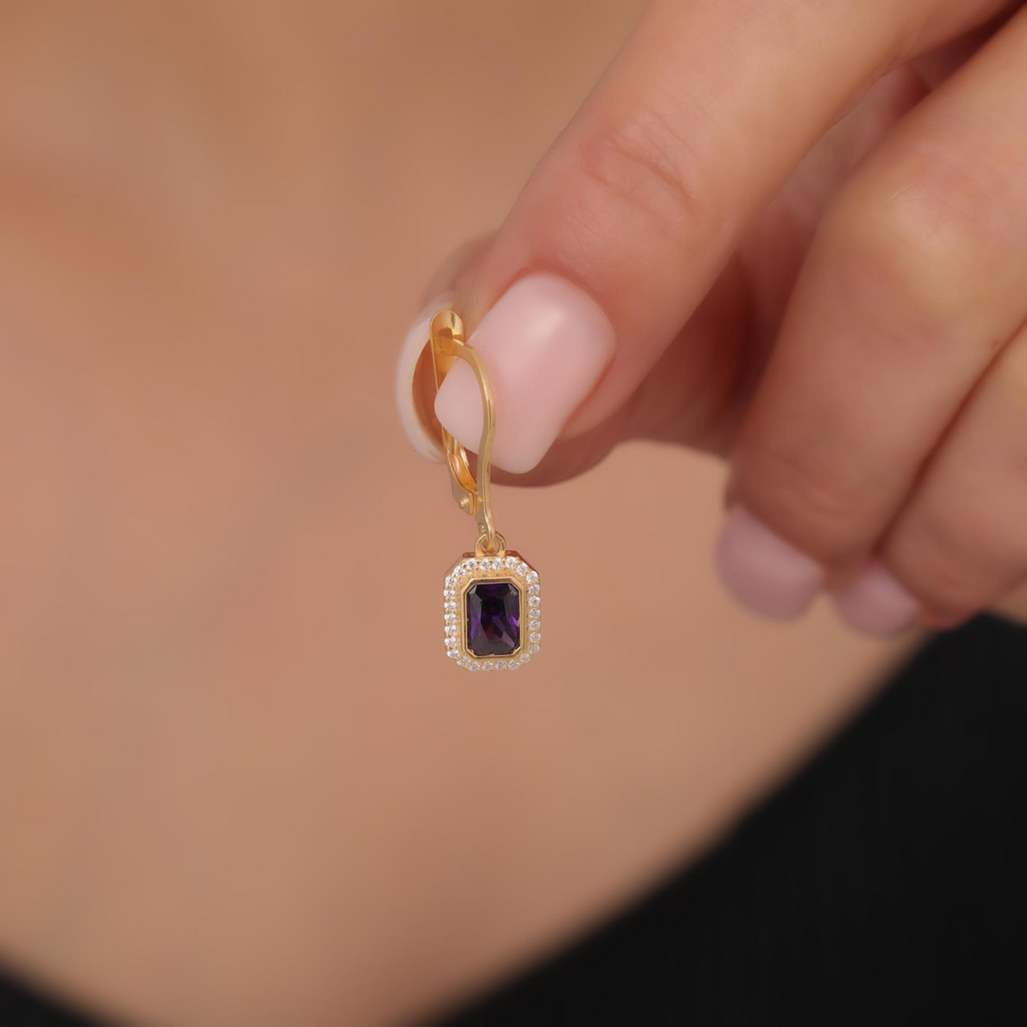 Rectangle Amethyst Bezel Dangle Earrings in 8K/10K/14K Solid Gold Surrounded with Real Diamonds, February Birthstone Jewelry