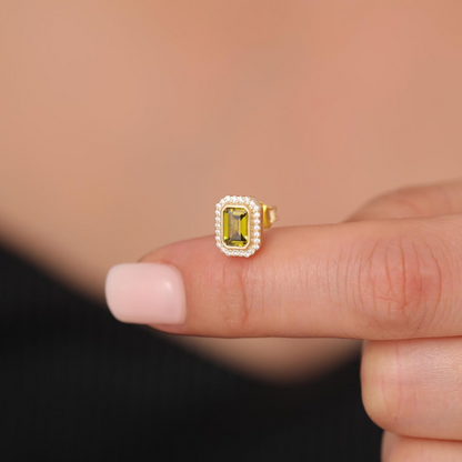 Rectangle Peridot Bezel Stud Earrings in 10K/14K Solid Gold Surrounded with Real Diamonds, August Birthstone Jewelry