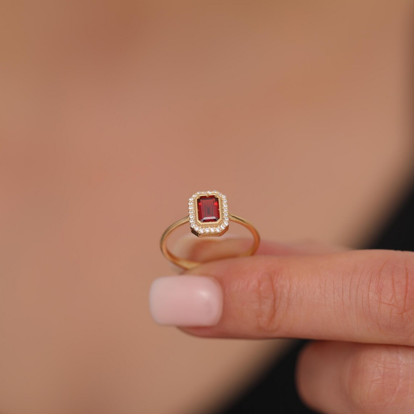 Rectangle Garnet Bezel Ring in 14K Solid Gold Surrounded with Real Diamonds, January Birthstone Jewelry