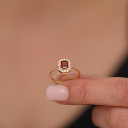 Rectangle Garnet Bezel Ring in 14K Solid Gold Surrounded with Real Diamonds, January Birthstone Jewelry