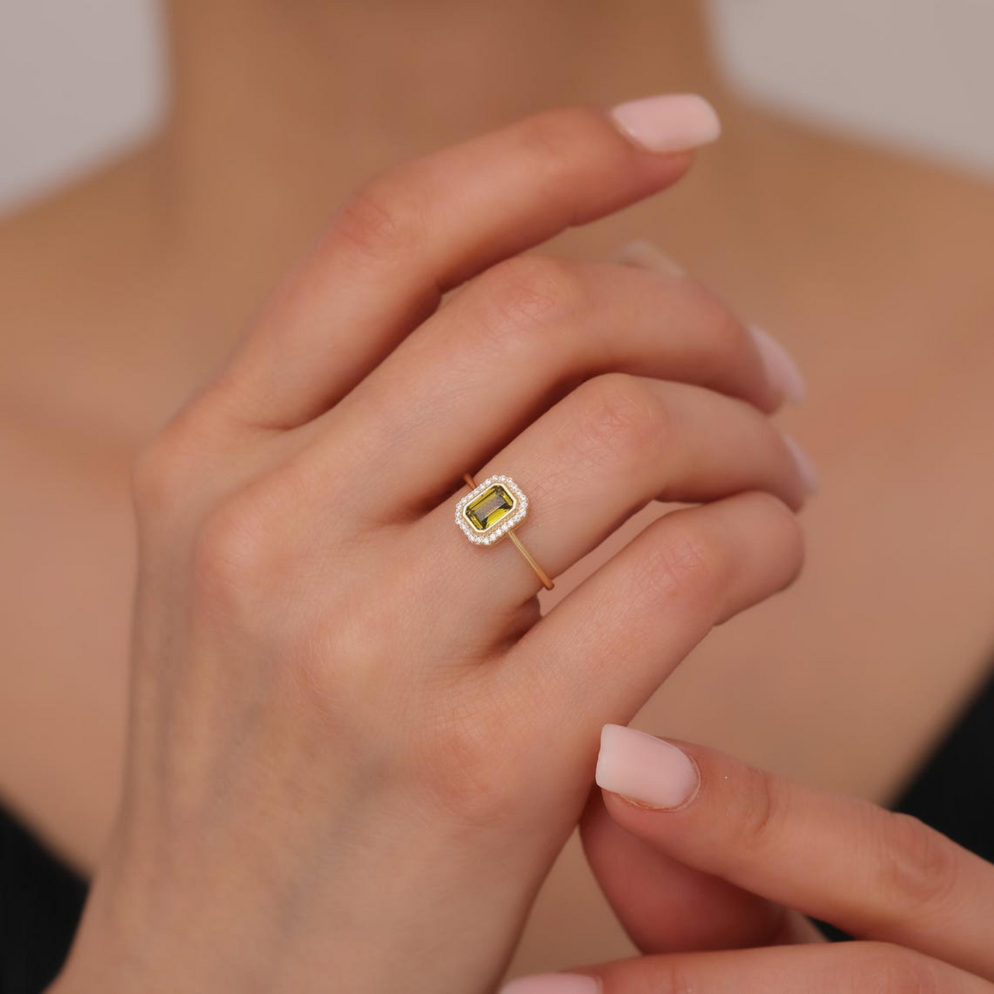 Rectangle Peridot Bezel Ring in 14K Solid Gold Surrounded with Real Diamonds, August Birthstone Jewelry