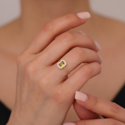 Rectangle Peridot Bezel Ring in 14K Solid Gold Surrounded with Real Diamonds, August Birthstone Jewelry