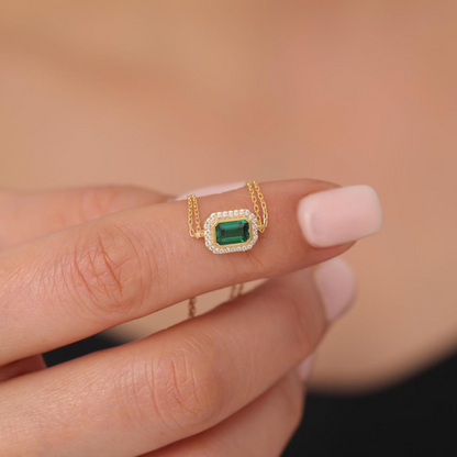 Rectangle Emerald Bezel Bracelet in 8K/10K/14K Solid Gold Surrounded with Real Diamonds, May Birthstone Jewelry